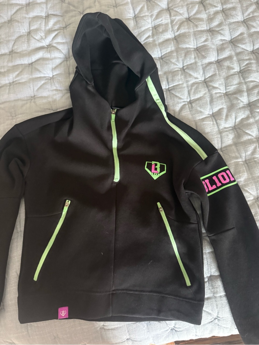 BL101 1/4 zip hoodie.  Black Hoodie with Neon Green and Pink Accents